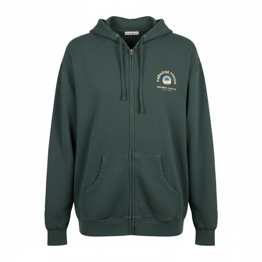 Boulder CO Based Paradise Found Records & Music Branded Full Zip Hoodie Green XL